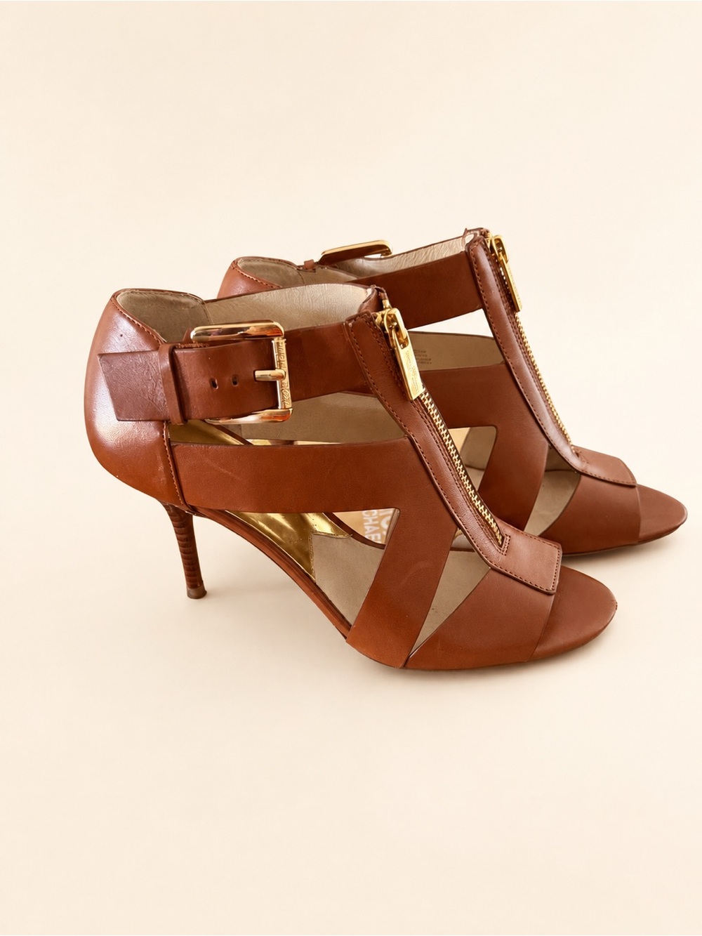 MICHAEL Michael Kors Cognac Leather Peep-Toe Zip Sandals-size 8 1/2